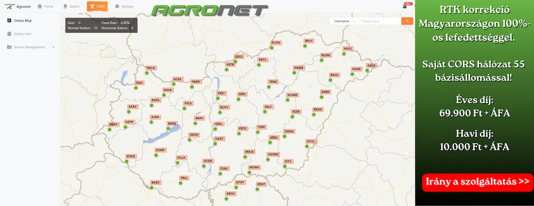Agronet RTK korrekció 100%-os magyarországi lefedettséggel, 55 bázisállomásos CORS hálózat – éves díj 69 900 Ft + áfa