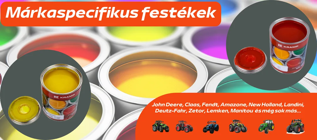 Márkaspecifikus Kramp festékek John Deere, Claas, Fendt, Amazone, New Holland és további traktormárkákhoz