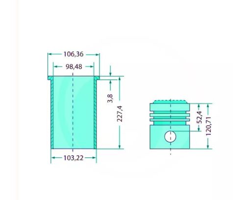 Teljes dugattyúkészlet 5 db gyűrű, Ø 98, 48 mm, Ø csapszeg 34, 93 x 84 mm, Ø égéstér 54, 1 mm, égéstér mélysége 26 mm, szárazon futó futópersely
