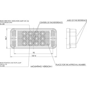 Multifunkciós hátsó LED lámpa, téglalap, 12-24 V, 107, 4x46, 7x23 mm, 5-tűs