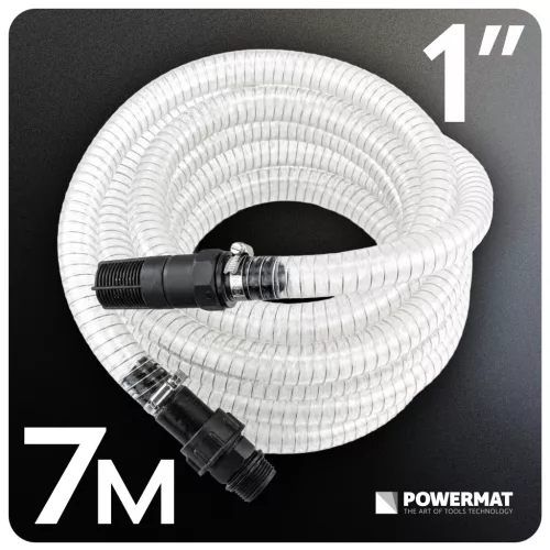 Szívótömlő hidroforhoz 7 m, 1", visszacsapó szeleppel, szűrőkosárral, átlátszó – Powermat (PM-HD-WS-71P)
