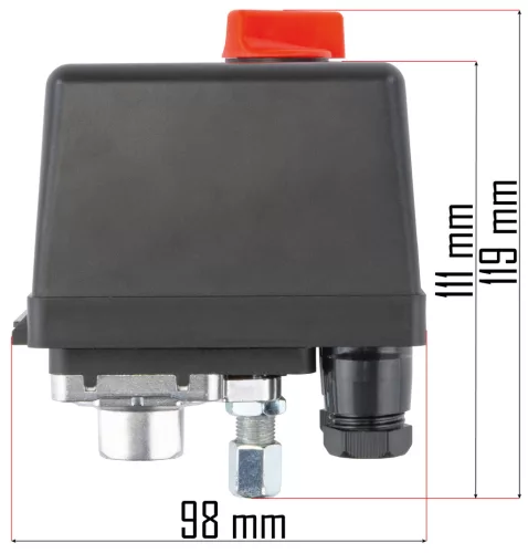 Nyomáskapcsoló (presszosztát) 100–200 l-es kompresszorhoz, 230/400 V, 20 A – Powermat (PM-KO-100T-150T-200T-230/400V-WY)