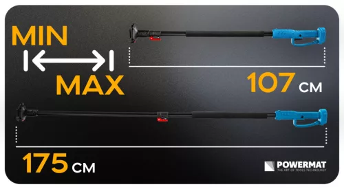 Teleszkópos hosszabbító nyél akkus metszőollóhoz és sövényvágóhoz, 107–175 cm – Powermat (PM-SA-21V-WYS)