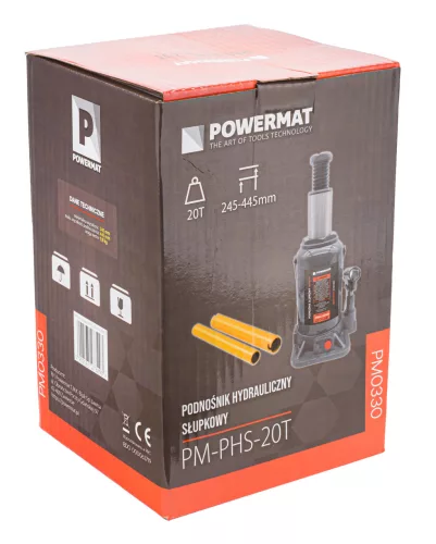 Hidraulikus palackemelő 20 t, 235–435 mm, állítható fejjel, PM-PHS-20T – Powermat (PM0330)