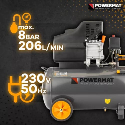 Olajos kompresszor 50 l, 8 bar, 206 l/perc, 1,85 kW, PM-KO-50T – Powermat (PM0685)
