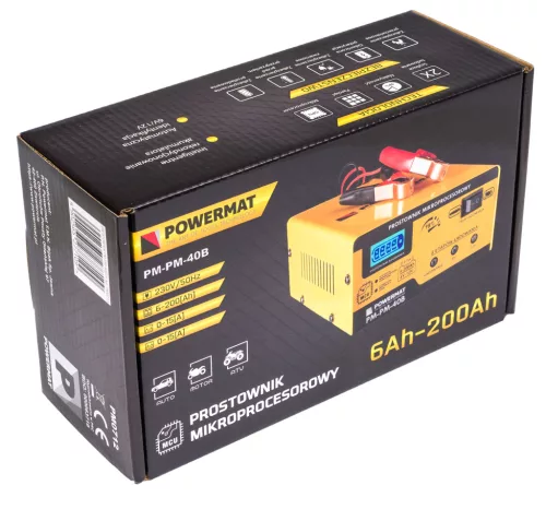 Mikroprocesszoros akkumulátortöltő 6/12 V, 15 A, 6–200 Ah, LCD kijelzővel, PM-PM-40B – Powermat (PM0712)