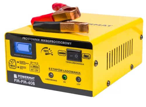 Mikroprocesszoros akkumulátortöltő 6/12 V, 15 A, 6–200 Ah, LCD kijelzővel, PM-PM-40B – Powermat (PM0712)