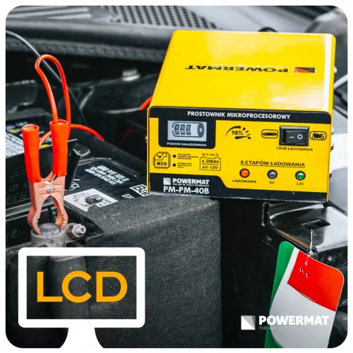Mikroprocesszoros akkumulátortöltő 6/12 V, 15 A, 6–200 Ah, LCD kijelzővel, PM-PM-40B – Powermat (PM0712)