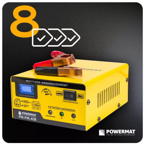 Mikroprocesszoros akkumulátortöltő 6/12 V, 15 A, 6–200 Ah, LCD kijelzővel, PM-PM-40B – Powermat (PM0712)