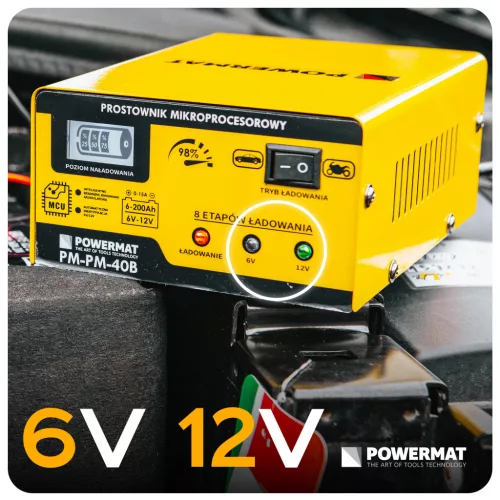 Mikroprocesszoros akkumulátortöltő 6/12 V, 15 A, 6–200 Ah, LCD kijelzővel, PM-PM-40B – Powermat (PM0712)
