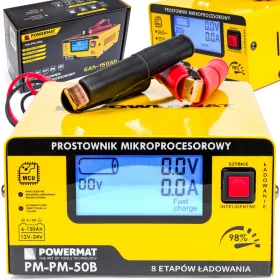   Mikroprocesszoros akkumulátortöltő 12/24 V, 10 A, 6–150 Ah, LCD kijelzővel, PM-PM-50B – Powermat (PM0713)