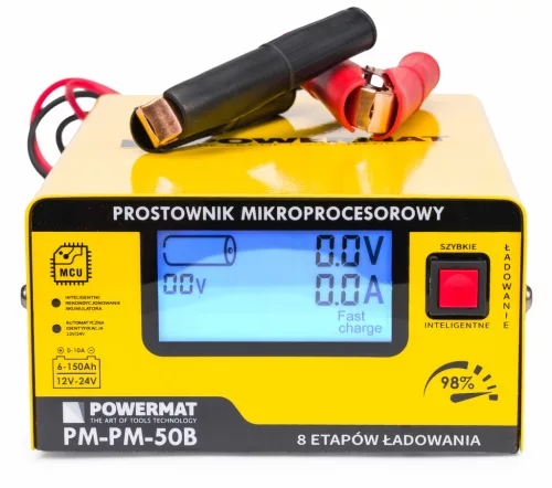 Mikroprocesszoros akkumulátortöltő 12/24 V, 10 A, 6–150 Ah, LCD kijelzővel, PM-PM-50B – Powermat (PM0713)