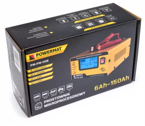 Mikroprocesszoros akkumulátortöltő 12/24 V, 10 A, 6–150 Ah, LCD kijelzővel, PM-PM-50B – Powermat (PM0713)