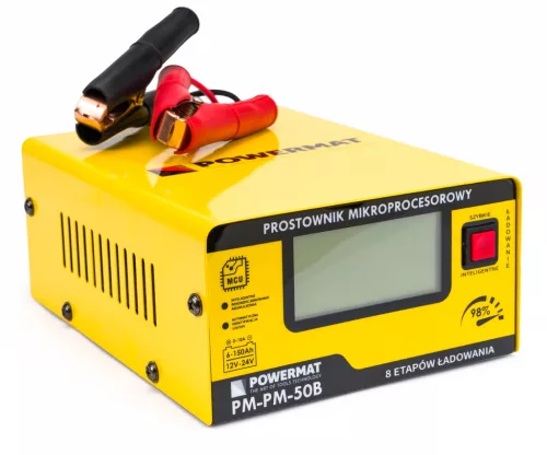 Mikroprocesszoros akkumulátortöltő 12/24 V, 10 A, 6–150 Ah, LCD kijelzővel, PM-PM-50B – Powermat (PM0713)