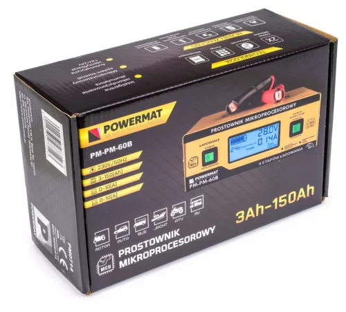 Mikroprocesszoros akkumulátortöltő 6–24 V, 10 A, 3–150 Ah, SMART/FAST, PM-PM-60B – Powermat (PM0714)