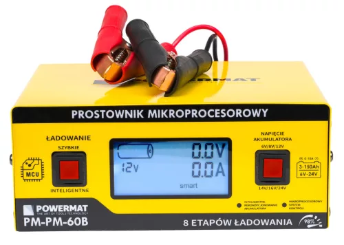 Mikroprocesszoros akkumulátortöltő 6–24 V, 10 A, 3–150 Ah, SMART/FAST, PM-PM-60B – Powermat (PM0714)