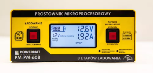 Mikroprocesszoros akkumulátortöltő 6–24 V, 10 A, 3–150 Ah, SMART/FAST, PM-PM-60B – Powermat (PM0714)