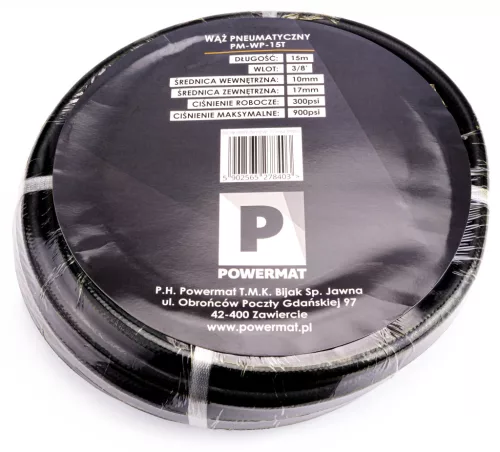 Levegőtömlő gumi 10 × 17 mm, 15 m, 20 bar, gyorscsatlakozós, PM-WP-15T – Powermat (PM0842)