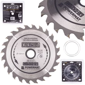   Keményfémlapkás körfűrészlap fához 160 × 20 mm, 24 fog, hasításhoz, TDD-160x20x24Z – Powermat (PM0878)