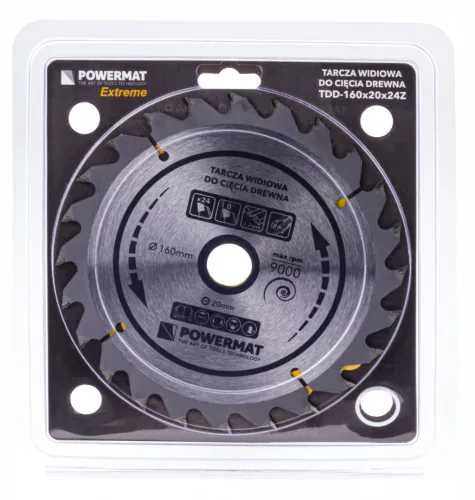 Keményfémlapkás körfűrészlap fához 160 × 20 mm, 24 fog, hasításhoz, TDD-160x20x24Z – Powermat (PM0878)