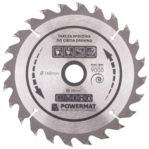 Keményfémlapkás körfűrészlap fához 160 × 20 mm, 24 fog, hasításhoz, TDD-160x20x24Z – Powermat (PM0878)