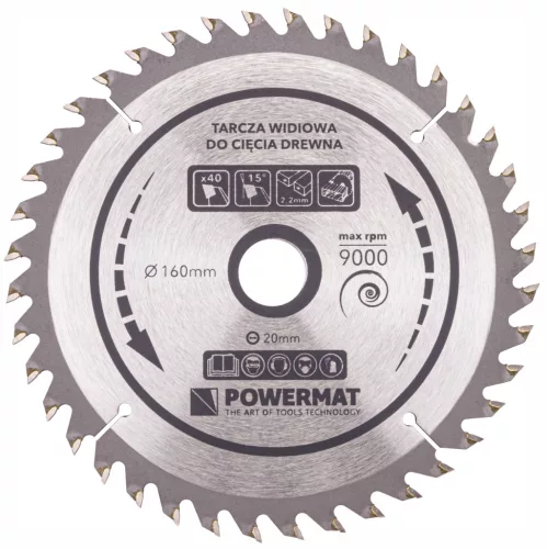 Keményfémlapkás körfűrészlap keményfához 160 × 20 mm, 40 fog, TDD-160x20x40Z – Powermat (PM0879)