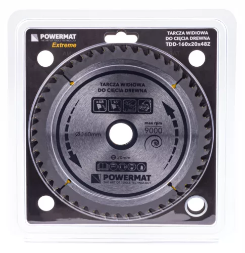 Keményfémlapkás körfűrészlap fához 160 × 20 mm, 48 fog, TDD-160x20x48Z – Powermat (PM0880)