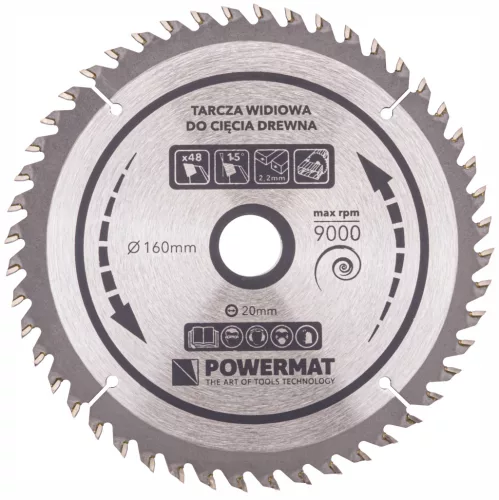 Keményfémlapkás körfűrészlap fához 160 × 20 mm, 48 fog, TDD-160x20x48Z – Powermat (PM0880)