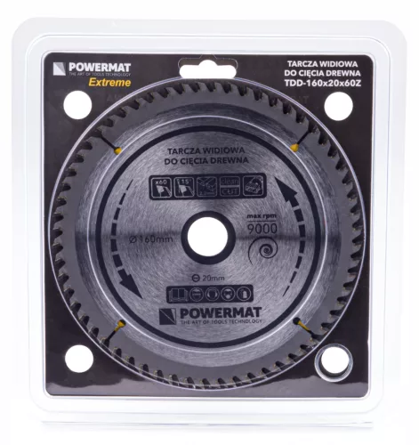Keményfémlapkás körfűrészlap finomvágáshoz 160 × 20 mm, 60 fog, TDD-160x20x60Z – Powermat (PM0881)