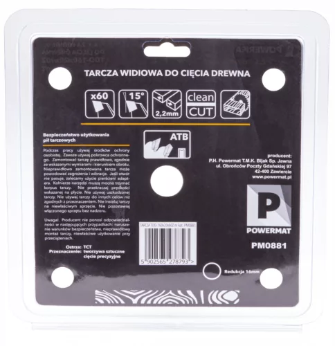 Keményfémlapkás körfűrészlap finomvágáshoz 160 × 20 mm, 60 fog, TDD-160x20x60Z – Powermat (PM0881)