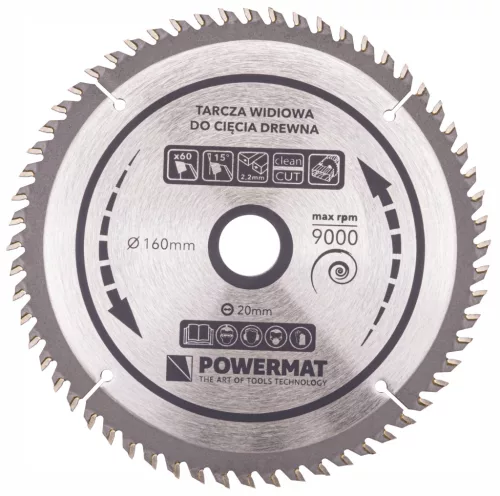Keményfémlapkás körfűrészlap finomvágáshoz 160 × 20 mm, 60 fog, TDD-160x20x60Z – Powermat (PM0881)
