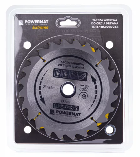 Keményfémlapkás körfűrészlap fához 185 × 20 mm, 24 fog, hasításhoz, TDD-185x20x24Z – Powermat (PM0882)