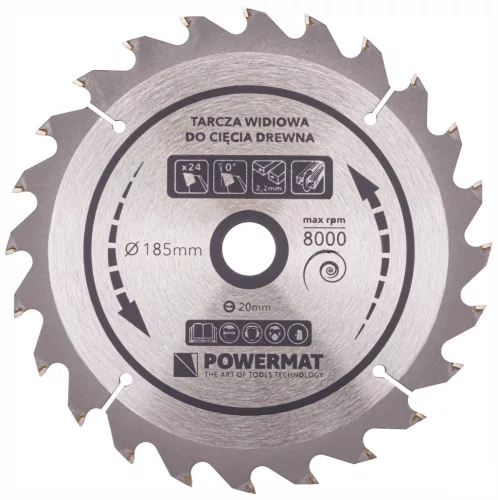 Keményfémlapkás körfűrészlap fához 185 × 20 mm, 24 fog, hasításhoz, TDD-185x20x24Z – Powermat (PM0882)