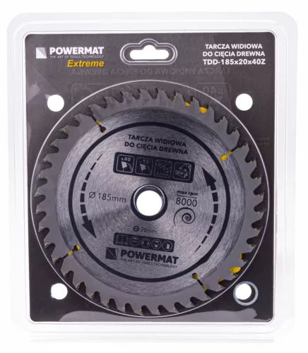 Keményfémlapkás körfűrészlap fához 185 × 20 mm, 40 fog, TDD-185x20x40Z – Powermat (PM0883)