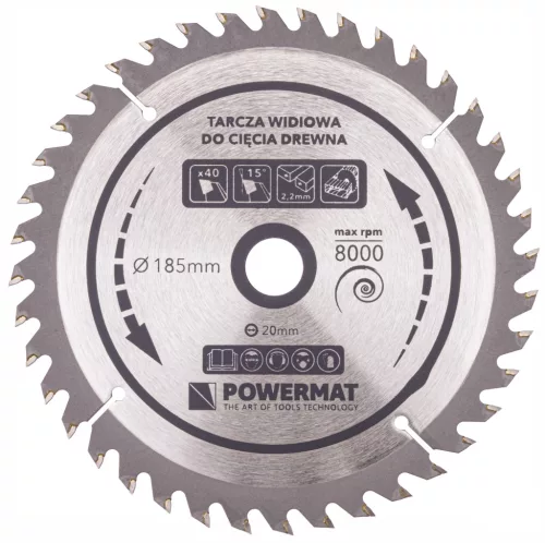 Keményfémlapkás körfűrészlap fához 185 × 20 mm, 40 fog, TDD-185x20x40Z – Powermat (PM0883)
