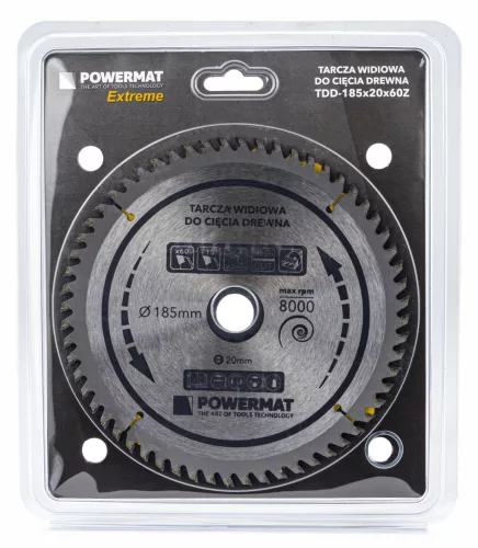 Keményfémlapkás körfűrészlap fához 185 × 20 mm, 60 fog, TDD-185x20x60Z – Powermat (PM0884)