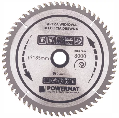 Keményfémlapkás körfűrészlap fához 185 × 20 mm, 60 fog, TDD-185x20x60Z – Powermat (PM0884)