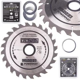   Keményfémlapkás körfűrészlap fához 190 × 30 mm, 24 fog, szűkítőgyűrűkkel, TDD-190x30x24Z – Powermat (PM0885)