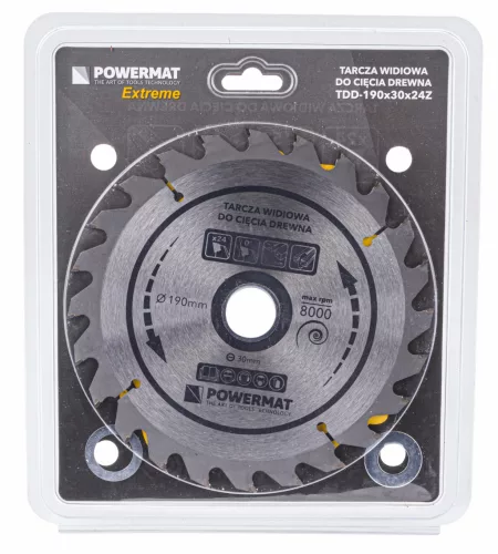 Keményfémlapkás körfűrészlap fához 190 × 30 mm, 24 fog, szűkítőgyűrűkkel, TDD-190x30x24Z – Powermat (PM0885)
