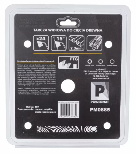 Keményfémlapkás körfűrészlap fához 190 × 30 mm, 24 fog, szűkítőgyűrűkkel, TDD-190x30x24Z – Powermat (PM0885)
