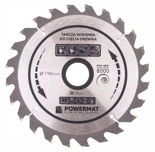 Keményfémlapkás körfűrészlap fához 190 × 30 mm, 24 fog, szűkítőgyűrűkkel, TDD-190x30x24Z – Powermat (PM0885)