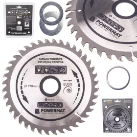   Keményfémlapkás körfűrészlap fához 190 × 30 mm, 40 fog, szűkítőgyűrűkkel, TDD-190x30x40Z – Powermat (PM0886)