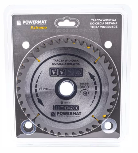 Keményfémlapkás körfűrészlap fához 190 × 30 mm, 40 fog, szűkítőgyűrűkkel, TDD-190x30x40Z – Powermat (PM0886)