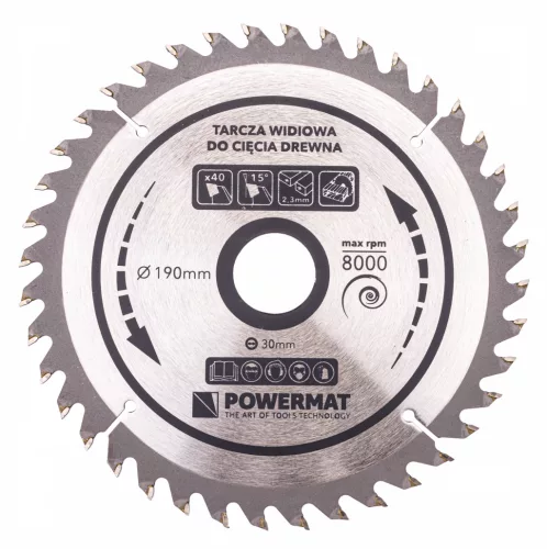 Keményfémlapkás körfűrészlap fához 190 × 30 mm, 40 fog, szűkítőgyűrűkkel, TDD-190x30x40Z – Powermat (PM0886)