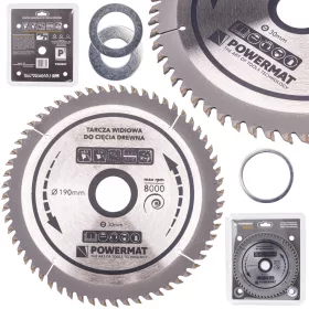   Keményfémlapkás körfűrészlap fához 190 × 30 mm, 60 fog, szűkítőgyűrűkkel, TDD-190x30x60Z – Powermat (PM0887)