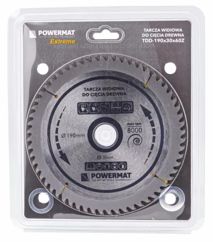 Keményfémlapkás körfűrészlap fához 190 × 30 mm, 60 fog, szűkítőgyűrűkkel, TDD-190x30x60Z – Powermat (PM0887)