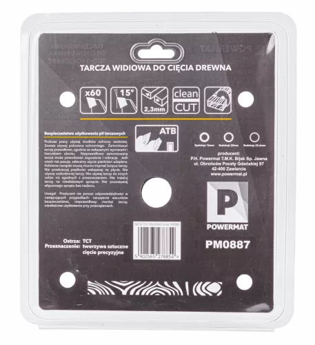 Keményfémlapkás körfűrészlap fához 190 × 30 mm, 60 fog, szűkítőgyűrűkkel, TDD-190x30x60Z – Powermat (PM0887)