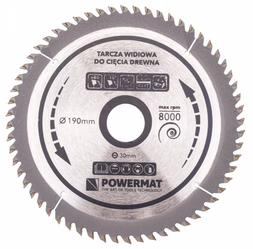 Keményfémlapkás körfűrészlap fához 190 × 30 mm, 60 fog, szűkítőgyűrűkkel, TDD-190x30x60Z – Powermat (PM0887)