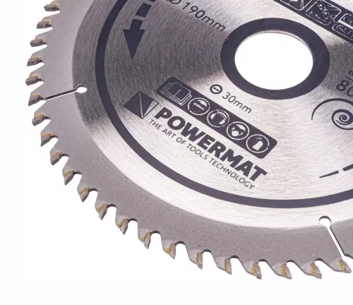 Keményfémlapkás körfűrészlap fához 190 × 30 mm, 60 fog, szűkítőgyűrűkkel, TDD-190x30x60Z – Powermat (PM0887)