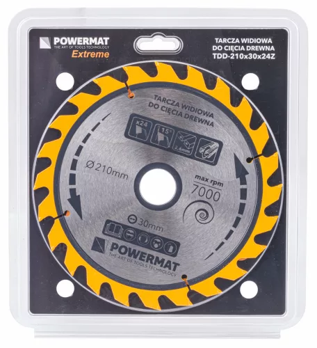 Keményfémlapkás körfűrészlap fához 210 × 30 mm, 24 fog, TDD-210x30x24Z – Powermat (PM0888)